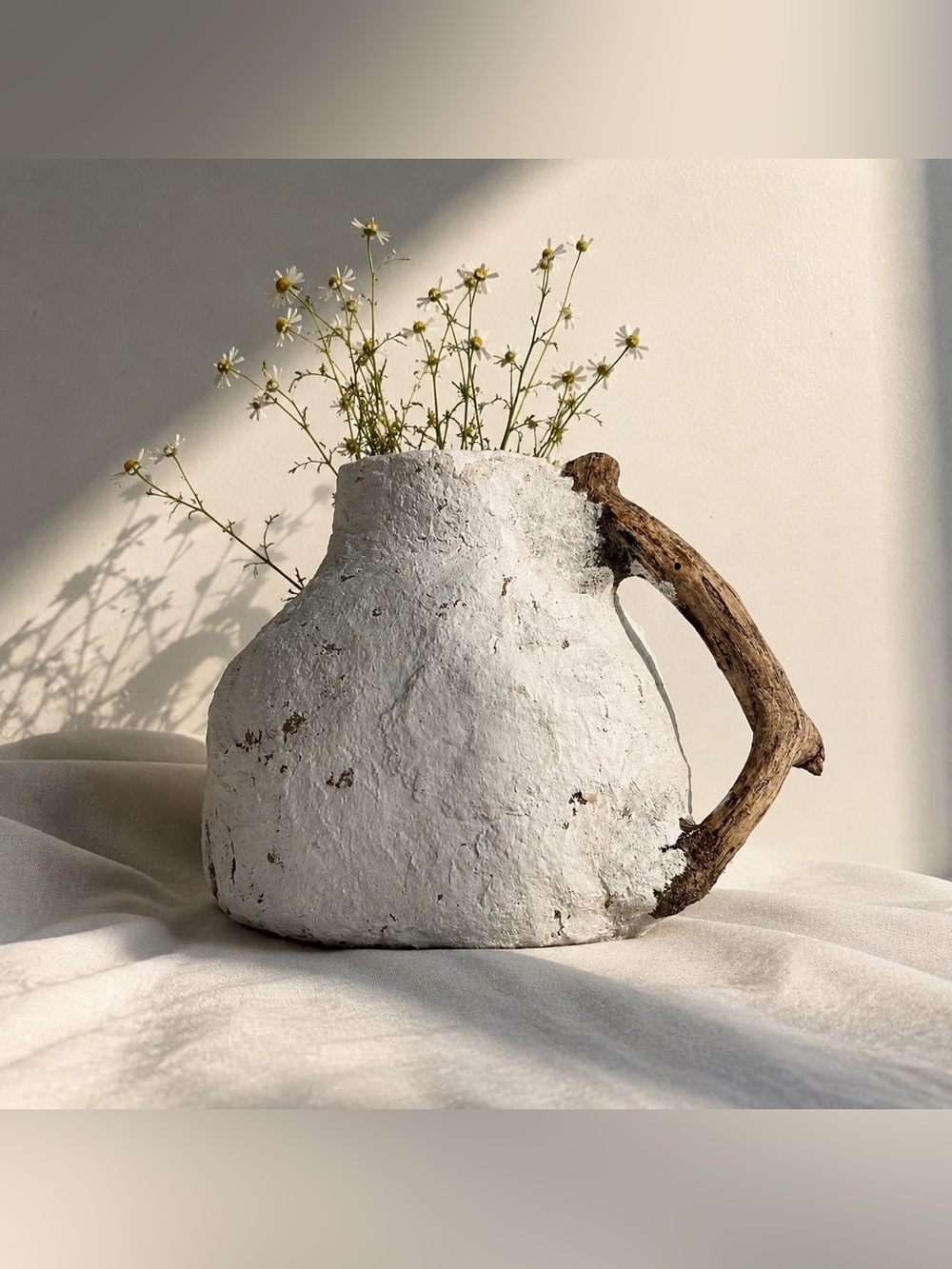 Handmade Rustic White Vase with Natural Driftwood Handle | Coastal Cottage Decor